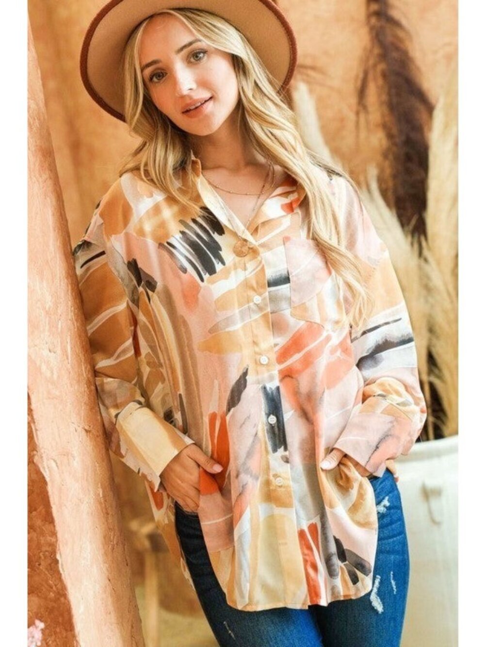 Villa Amber Oversized Button Down Shirt in Watercolor Terracotta Small - Picture 4 of 9